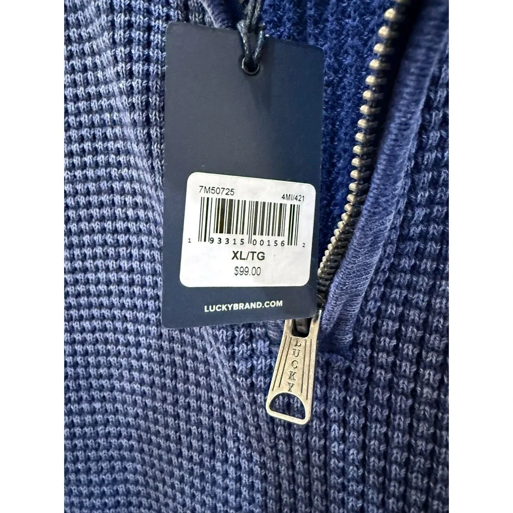 NWT Men's Lucky Brand Size XL Denim Blue Waffle Knit‎ 1/4 Zip Cotton Sweater